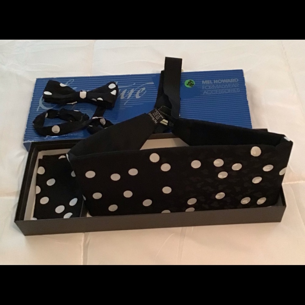 Formal wear accessories by Mel Howard. 3 sets of cummerbund, bow tie & hankies
